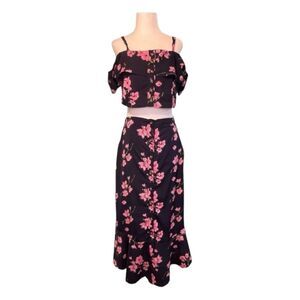 Zaful Floral Print Skirt Set Off The Shoulder Top Maxi Skirt Blue Pink 8